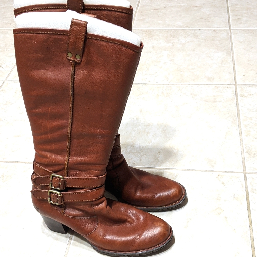 Born Brown Leather Tall Riding Boots | Size 8 | Zip & Buckle Detail